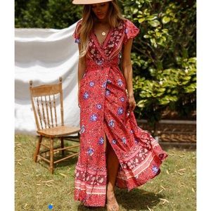 Bohemia V-neck Printed Beach Maxi Dresses